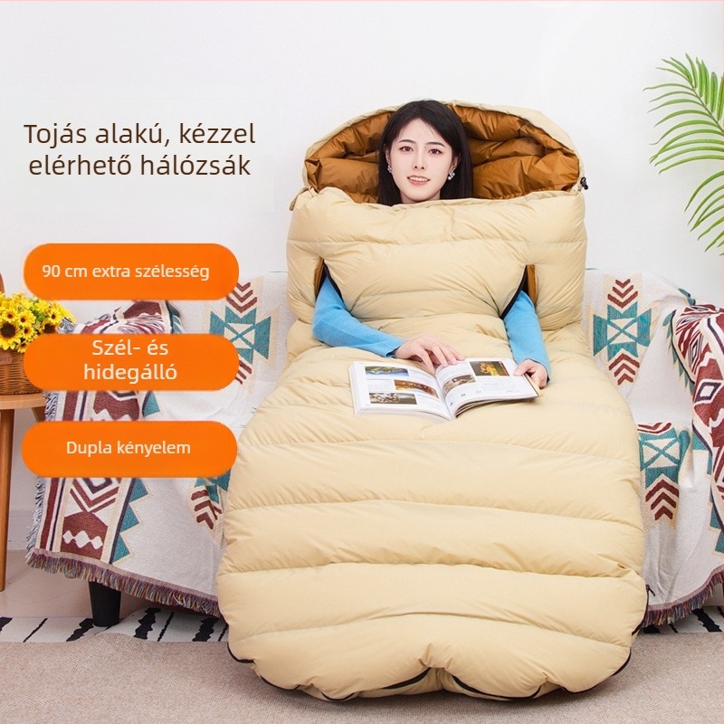 Felnőtteknek szóló pehelytöltésű hálózsák, 90 cm széles, szélesített, vastag, hideg időre, téli kemping -30°C