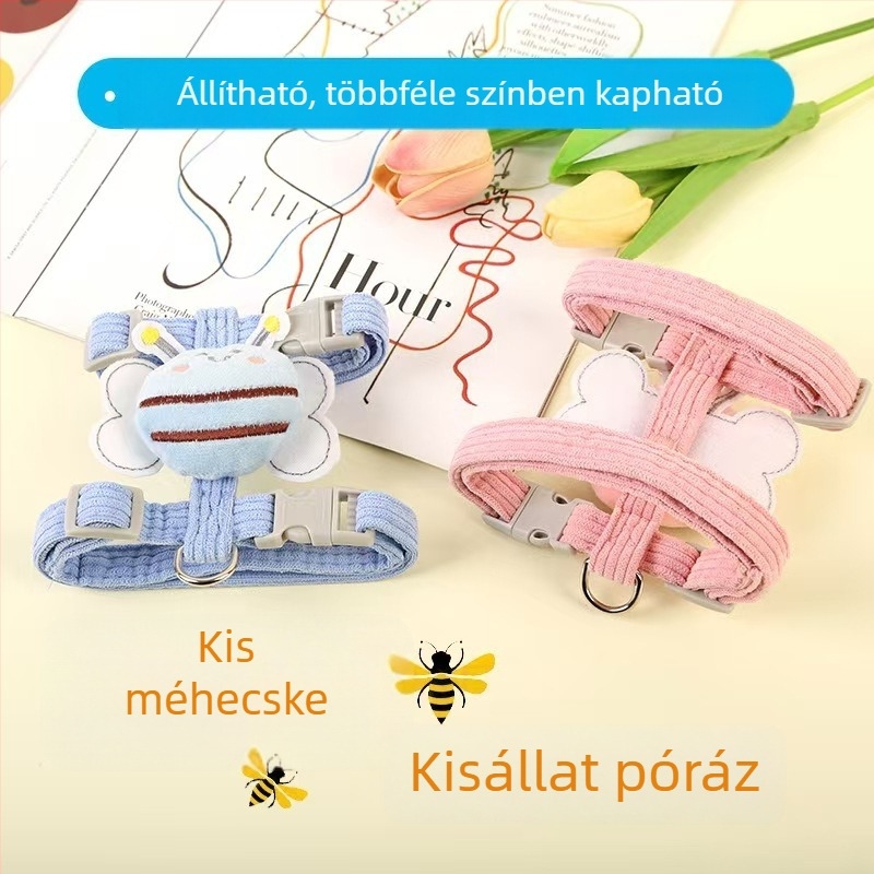 I-formájú macska hám és póráz készlet, aranyos méhecske mintával, rajzfilmszerű stílusban