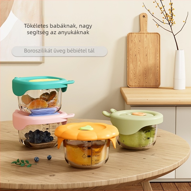 Baba üveg tároló és pároló tál – mikrohullámú sütőbarát, kör, kapacitás 300 ml alatt, kanállal