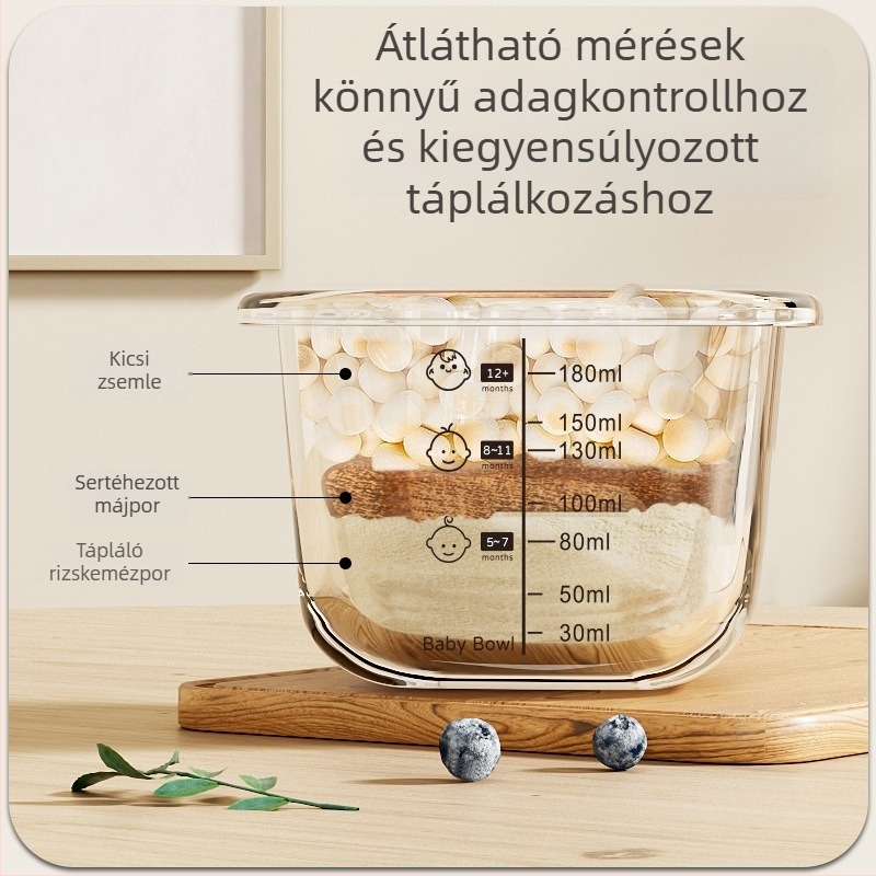 Baba üveg tároló és pároló tál – mikrohullámú sütőbarát, kör, kapacitás 300 ml alatt, kanállal