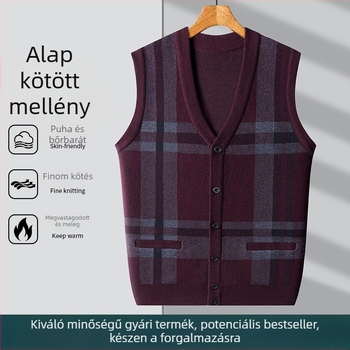 Férfi kötött kardigán-vest V-nyakkal, ujj nélkül, jacquard kötés, gyapjú 30–35%, vastag