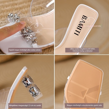 Női rhinestone szandálok, négyszögletes orral, vastag sarokkal, koreai stílus Bamiti; felső rész: üveg-ragasztott anyag; belső: mikroszálas; talp: gumi; szezon: 2022 nyár