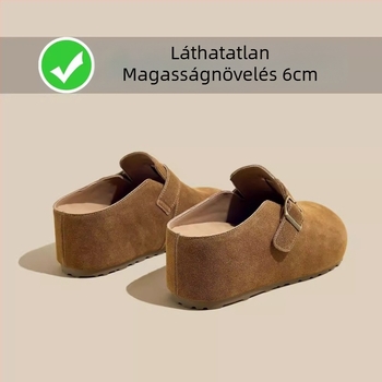 Slip-on papucs 6 cm belső magassággal, retro vastag talppal, felsőrész tehén nubuk bőr, kerek orr, gumírozott talp, nyár 2025