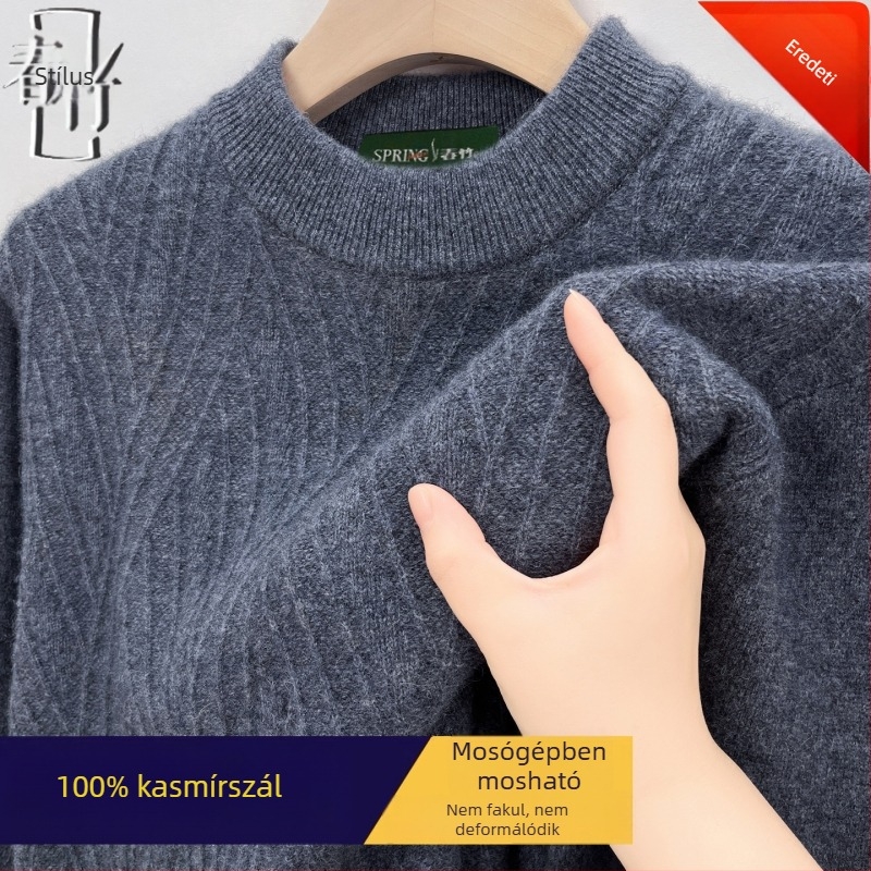 Kasmírszál pulóver – jacquard kötés, vastag, hosszú ujjú, 95% kasmír, téli 2025