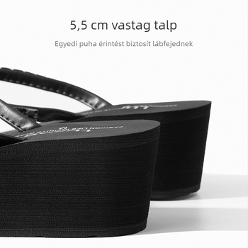 Női nyári papucs magas sarkú flip-flop, csúszásmentes vastag talppal – egyszínű strand papucs