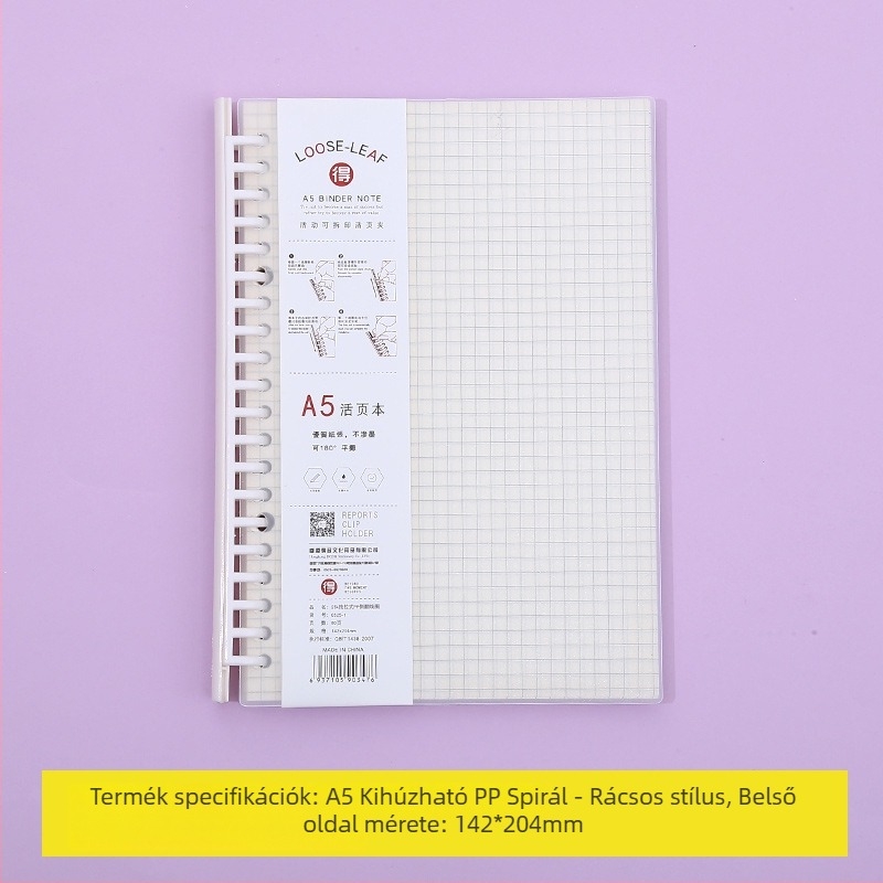 Laza levélfüzet leválasztható belső oldalakkal, rácsos elrendezéssel, 80 oldal, kerek lyukak, belső oldalak cellulóz- és polipropilén anyagból