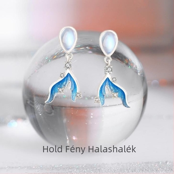 Sellőfarok fülbevaló nőknek, holdkő és gyémánt díszítéssel, réz elektroplatálásban bevont, állat/horoszkóp alak, tavasz 2025