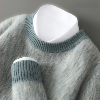 Férfi gyapjú pulóver kerek nyakkal, color-block jacquard mintázat, dupla rétegű kötés, 100% gyapjú, karcsú szabás