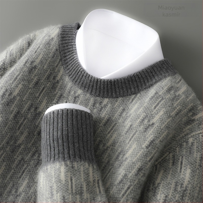 Férfi gyapjú pulóver kerek nyakkal, color-block jacquard mintázat, dupla rétegű kötés, 100% gyapjú, karcsú szabás