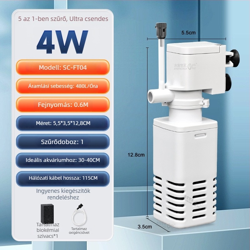 Akvarisztikus merülő szűrőpumpa beépített szűrésével és oxigenációval, 3-in-1 keringési rendszer, műanyag, 200 g, Water Pet Family