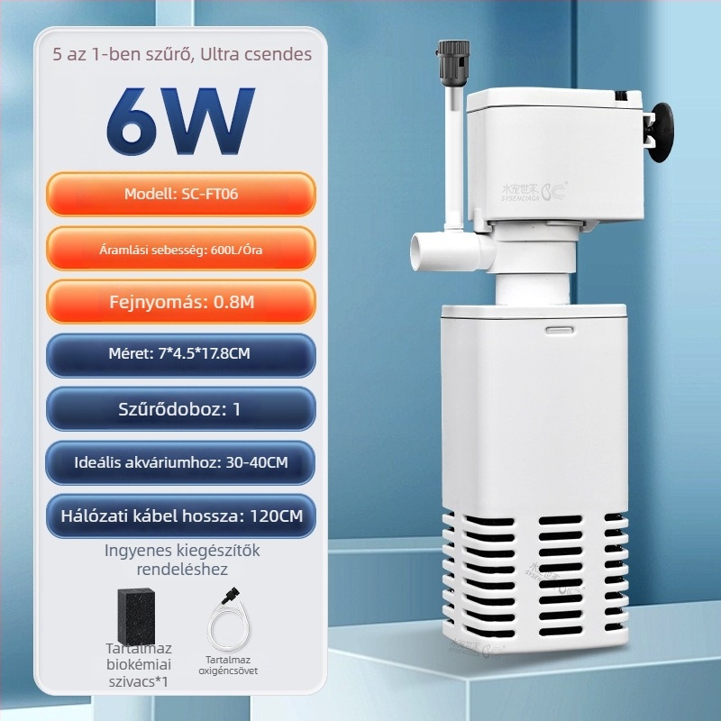 Akvarisztikus merülő szűrőpumpa beépített szűrésével és oxigenációval, 3-in-1 keringési rendszer, műanyag, 200 g, Water Pet Family