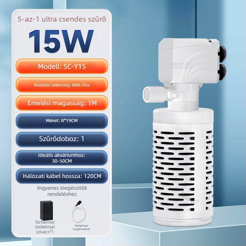 Akvarisztikus merülő szűrőpumpa beépített szűrésével és oxigenációval, 3-in-1 keringési rendszer, műanyag, 200 g, Water Pet Family