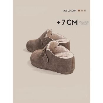 Birkenstock-stílusú, meleg, szőrös béléssel ellátott zárt orrú papucs, 7 cm-es magasságot növelő vastag talppal