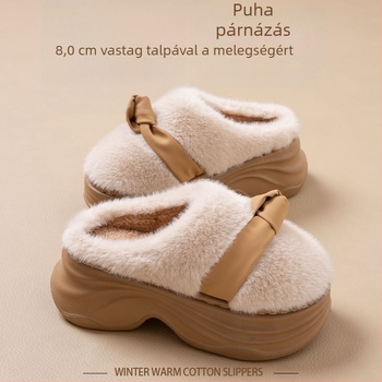 Női 8,0 cm-es magasságot növelő, vastag talpú plüss pamut papucs, téli beltéri és kültéri viseletre, csúszásmentes EVA talp