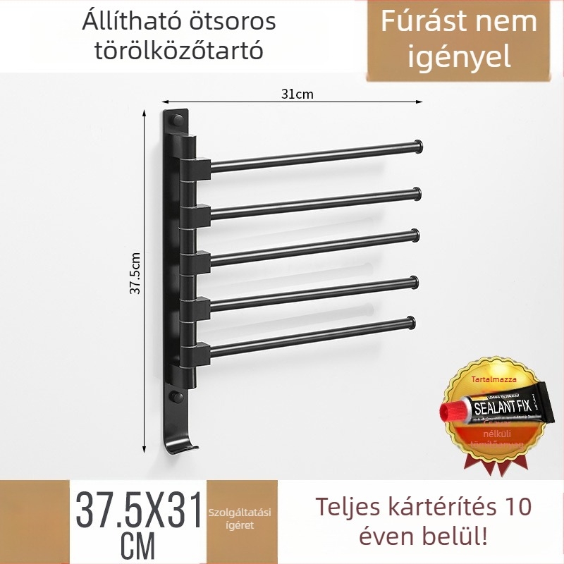 Űr-alumínium törölközőtartó, 5 szintes, falra szerelt, teherbírás 20 kg, fürdőszoba Light Luxury stílusban