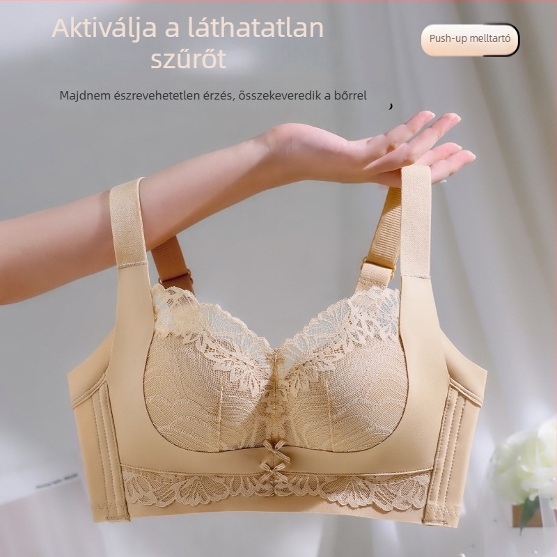 Csipkés nylon melltartó, vezeték nélküli, 3/4 kosár, formázott kosár: felső vékony, alsó vastag, fix kettős vállpántok, hátoldali négy sor patent