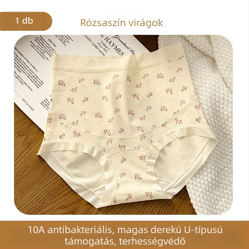 Anyasági pamut bugyi, magas derekú, antibakteriális, virágos mintázat, kiterjesztett ágyékrész