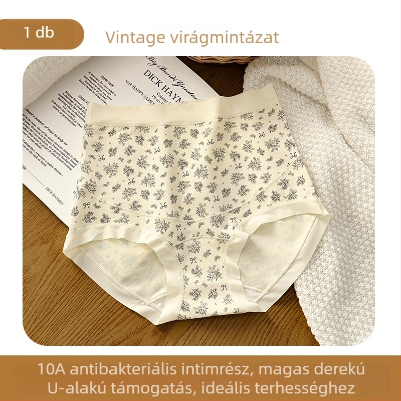 Anyasági pamut bugyi, magas derekú, antibakteriális, virágos mintázat, kiterjesztett ágyékrész
