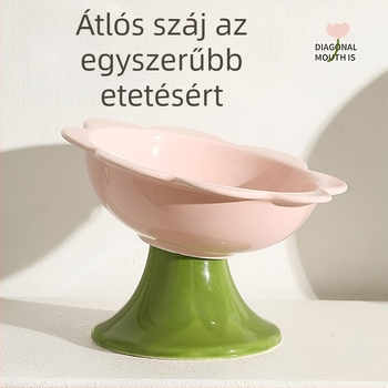 Virágos macska tál – kerámia macska étel- és víztál, magas talppal és nyakvédővel