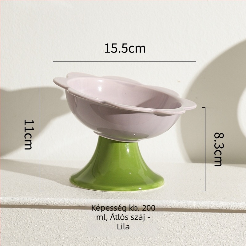 Virágos macska tál – kerámia macska étel- és víztál, magas talppal és nyakvédővel