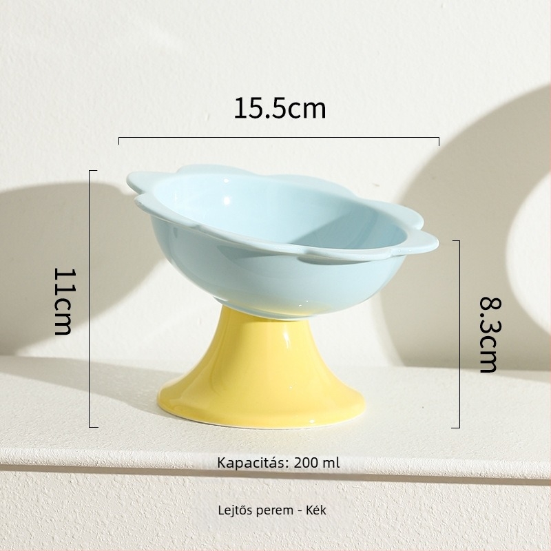 Virágos macska tál – kerámia macska étel- és víztál, magas talppal és nyakvédővel