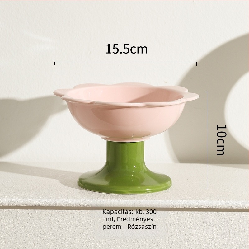 Virágos macska tál – kerámia macska étel- és víztál, magas talppal és nyakvédővel