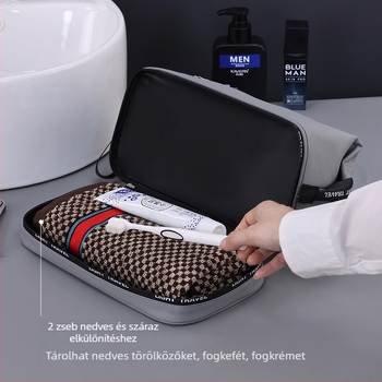Uniszex neszesszer utazáshoz – kétszintes kialakítás, száraz–nedves szétválasztás, nagy kapacitás, membrán anyag, vízálló