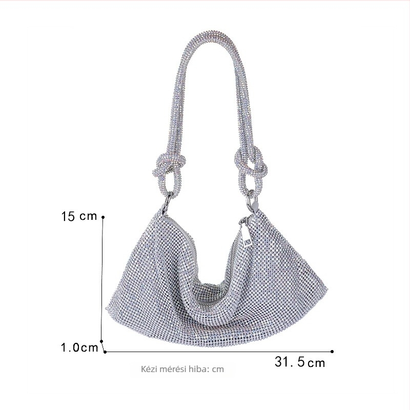 Kézzel készített strasszos, estélyi alkar-táska teljes gyémánt hatású csillogással, cipzárral, poliészterrel, ID-kártya zsebbel, vízszintes négyszögletes alak — Pudiai
