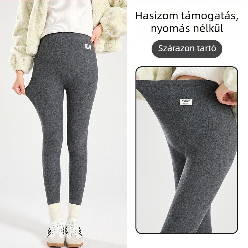 Terhes nőknek készült fleece-beléssel bélelt leggings, 95% pamut, hasi támogatás, teljes hosszúságú, tavasztól télig.