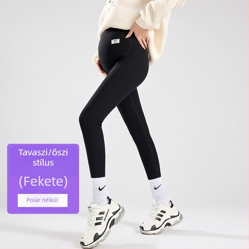 Terhes nőknek készült fleece-beléssel bélelt leggings, 95% pamut, hasi támogatás, teljes hosszúságú, tavasztól télig.
