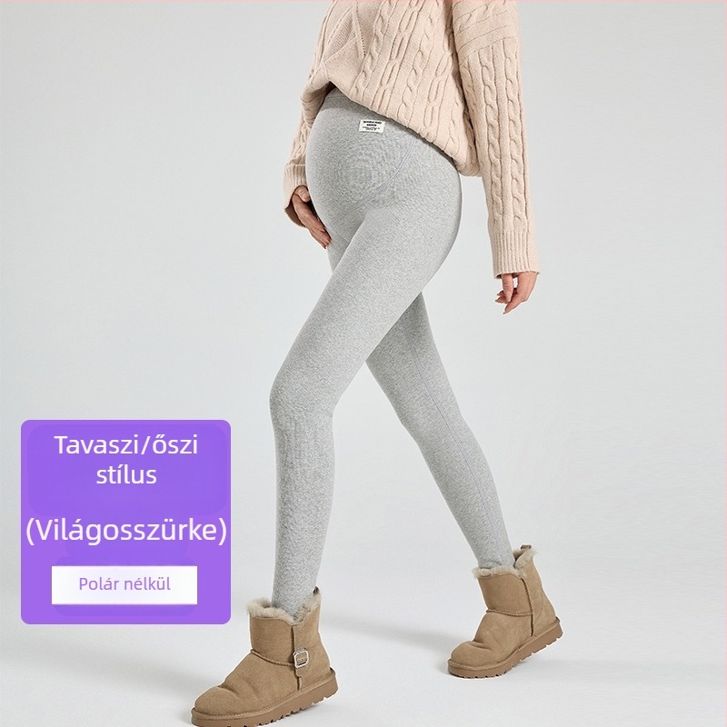 Terhes nőknek készült fleece-beléssel bélelt leggings, 95% pamut, hasi támogatás, teljes hosszúságú, tavasztól télig.