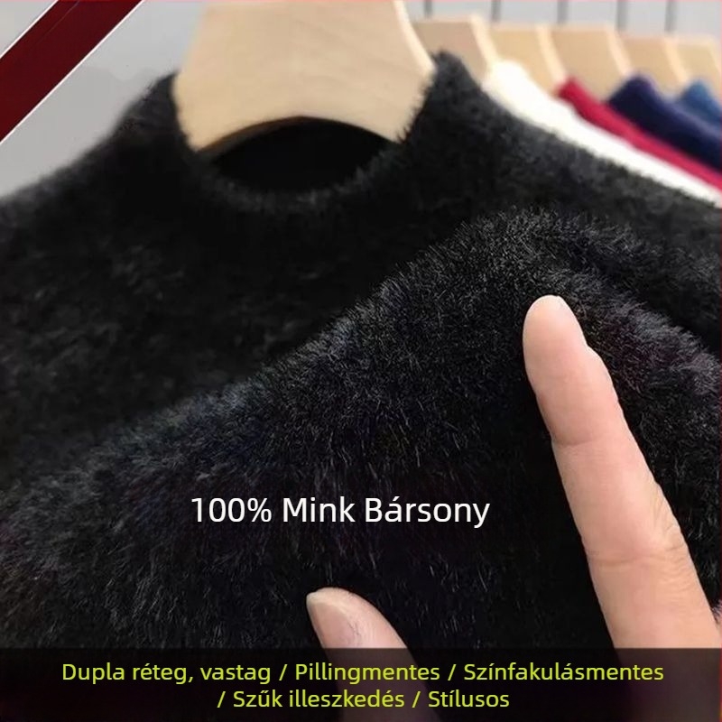 Férfi vastag kötött kapucnis pulóver fél magas gallérral, hosszú ujjú, laza szabás, modal anyag