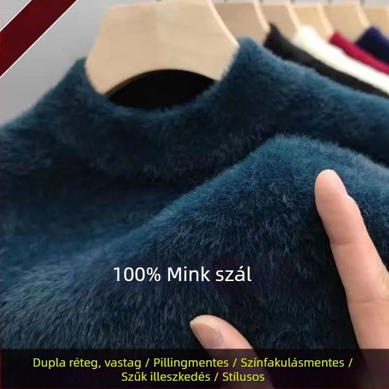 Férfi vastag kötött kapucnis pulóver fél magas gallérral, hosszú ujjú, laza szabás, modal anyag