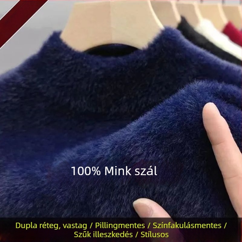 Férfi vastag kötött kapucnis pulóver fél magas gallérral, hosszú ujjú, laza szabás, modal anyag