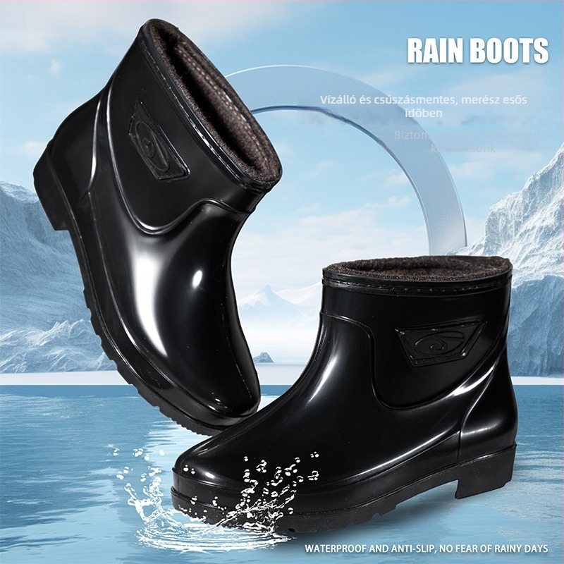 Guixin férfi esőcsizmák, vízállóak, fleece bélésesek, csúszásmentes és kopásálló talppal, alacsony szárú kialakítás