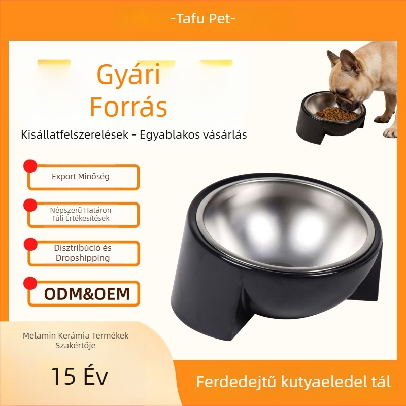 Rozsdamentes acélból készült etető- és itatál háziállatok számára ferde peremmel a kiöntés ellen és nyakvédő dizájnnal, kutyáknak és macskáknak