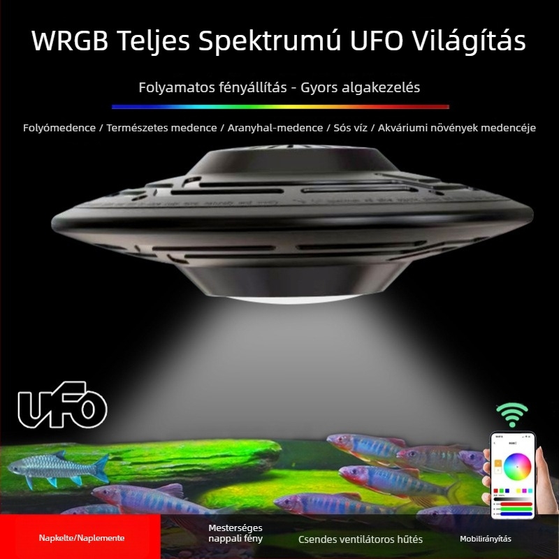 UFO akváriumi LED lámpa teljes spektrummal, vízi növényekhez, 90W, alumínium ötvözet, mobilalkalmazásos vezérlés, súly 1 kg