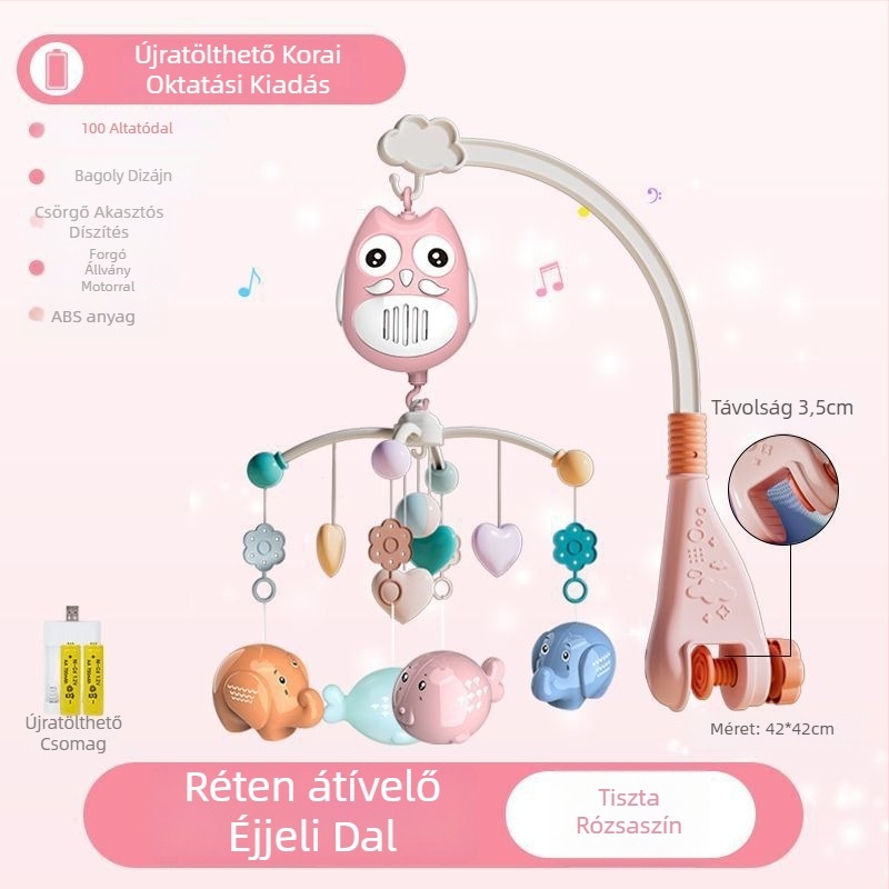 Csecsemő forgó zenei ágycsengő játék — akasztási lehetőséggel; nyugtató alvássegéd, vizuális ingerlés, hallási fejlesztés; Márka: Ybr/Youbein; Életkor: 0–3 év; Anyag: műanyag
