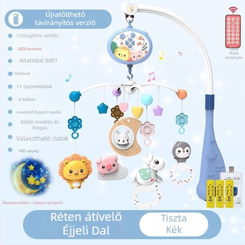 Csecsemő forgó zenei ágycsengő játék — akasztási lehetőséggel; nyugtató alvássegéd, vizuális ingerlés, hallási fejlesztés; Márka: Ybr/Youbein; Életkor: 0–3 év; Anyag: műanyag