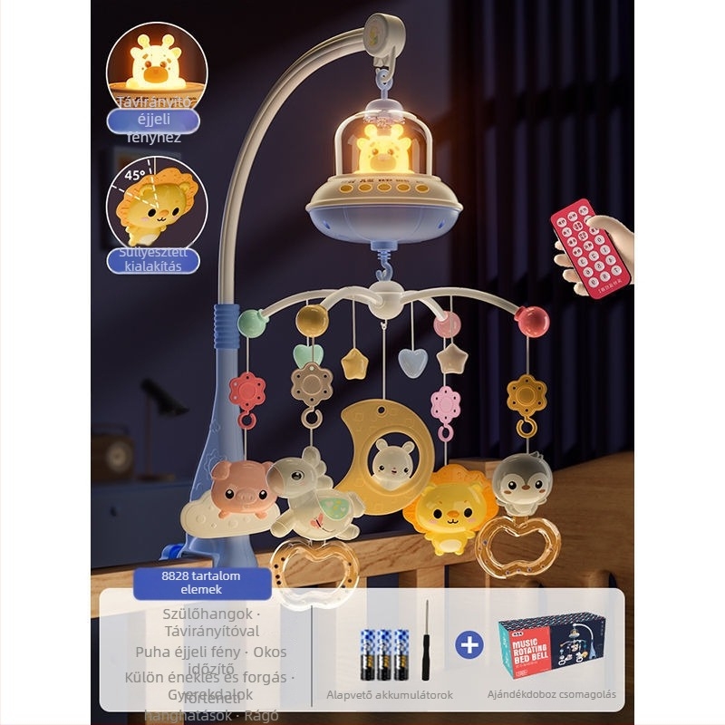 Csecsemő forgó zenei ágycsengő játék — akasztási lehetőséggel; nyugtató alvássegéd, vizuális ingerlés, hallási fejlesztés; Márka: Ybr/Youbein; Életkor: 0–3 év; Anyag: műanyag