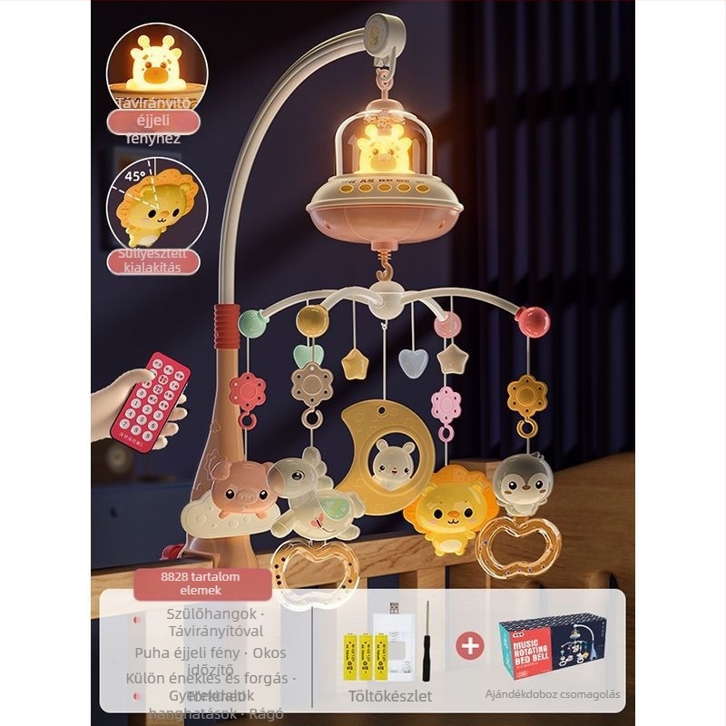 Csecsemő forgó zenei ágycsengő játék — akasztási lehetőséggel; nyugtató alvássegéd, vizuális ingerlés, hallási fejlesztés; Márka: Ybr/Youbein; Életkor: 0–3 év; Anyag: műanyag
