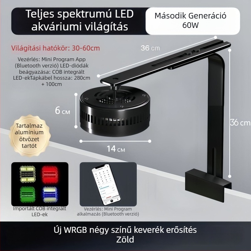 Akváriumi LED downlight, teljes spektrumú, vízálló, alumíniumötvözetből, App-vezérlésű, 100W