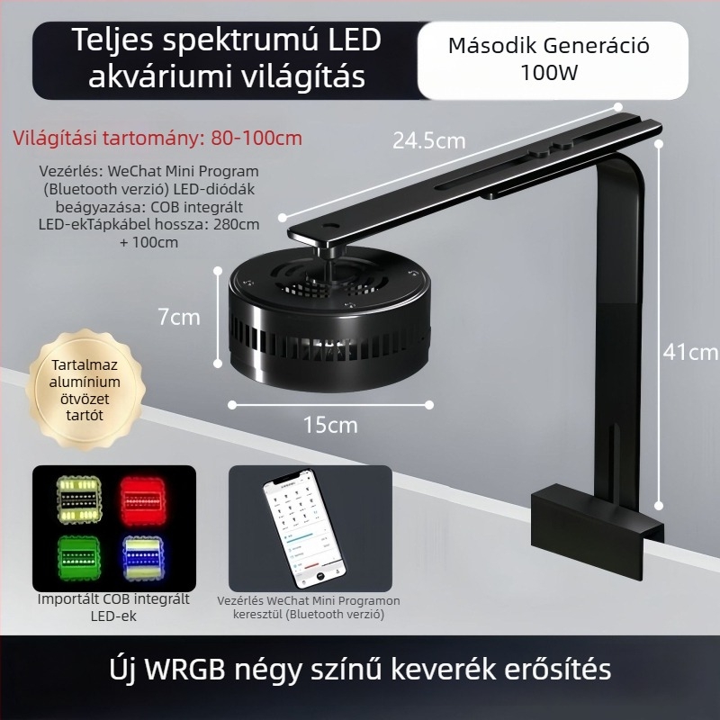 Akváriumi LED downlight, teljes spektrumú, vízálló, alumíniumötvözetből, App-vezérlésű, 100W