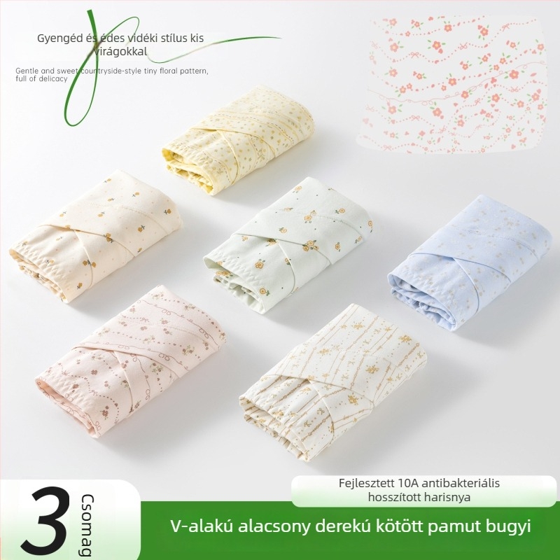 Kismama fehérnemű, kis virágos mintával, V-formájú pocaktámogatás, alacsony derekú, antibakteriális pamut betéttel