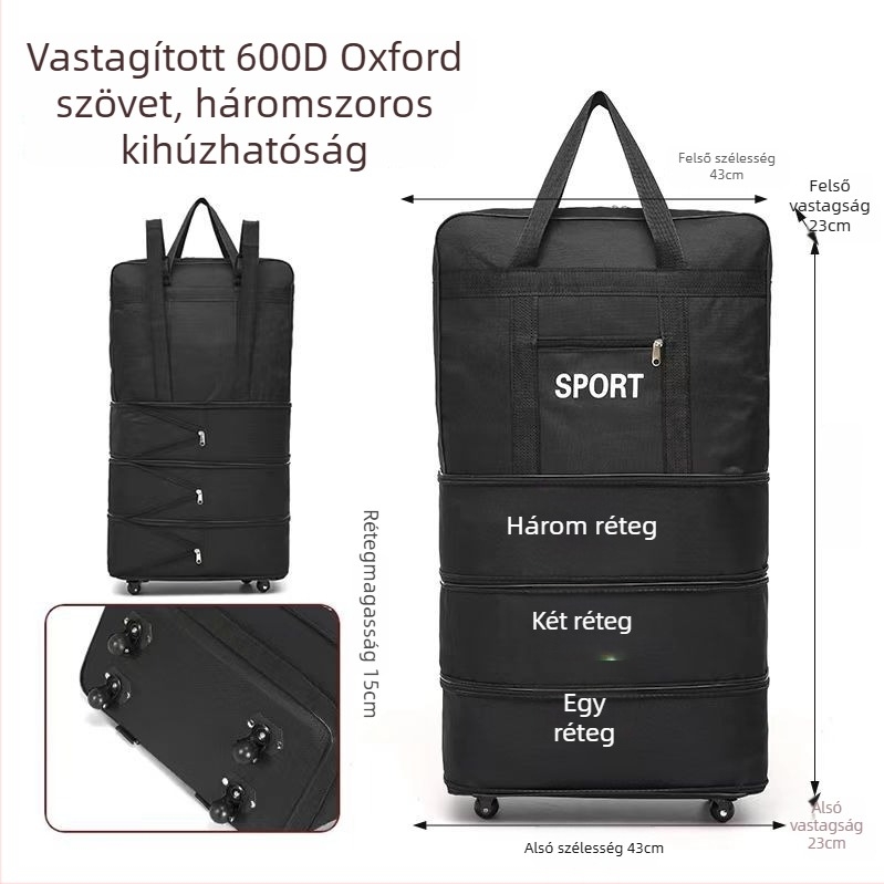Kerékes utazótáska, ultra könnyű és bővíthető, 56-75 L kapacitás, Oxford szövet, márka T6s