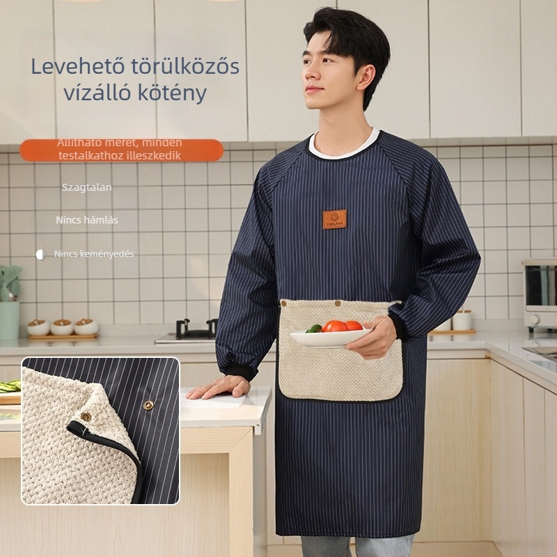 Férfi XXL méretű vízálló és olajálló ujjakkal ellátott kötény, háztartási konyhához, csíkos/kockás mintával, kék, kávébarna vagy fekete.