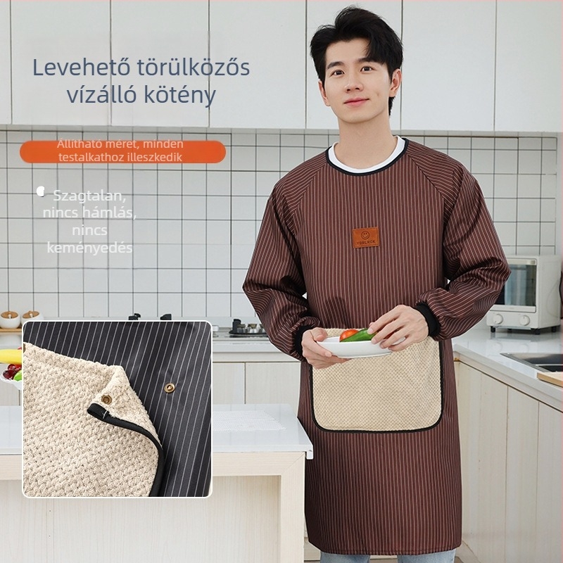 Férfi XXL méretű vízálló és olajálló ujjakkal ellátott kötény, háztartási konyhához, csíkos/kockás mintával, kék, kávébarna vagy fekete.