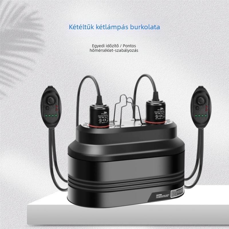 Két lámpabúrával rendelkező fűtő lámpa kisállatok és hüllők számára, alumíniumból, 160W, hőmérséklet-szabályozó és időzítő