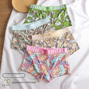Női boxer briefs ice silk anyagból, lélegző; középmagas derekú; fő anyag: nylon; ágyéki rész pamut bélés (90–95%).