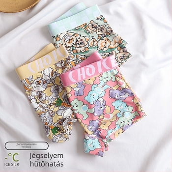 Női boxer briefs ice silk anyagból, lélegző; középmagas derekú; fő anyag: nylon; ágyéki rész pamut bélés (90–95%).